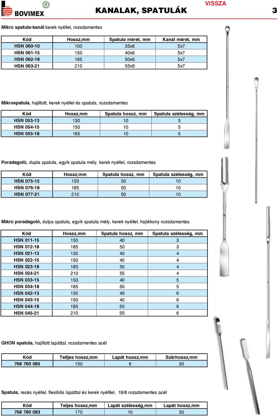 nyéllel, rozsdamentes HSN 075-15 150 50 10 HSN 076-18 185 50 10 HSN 077-21 210 50 10 Mikro poradagoló, dulpa spatula, egyik spatula mély, kerek nyéllel, hajlékony rozsdamentes HSN 011-15 150 40 3 HSN