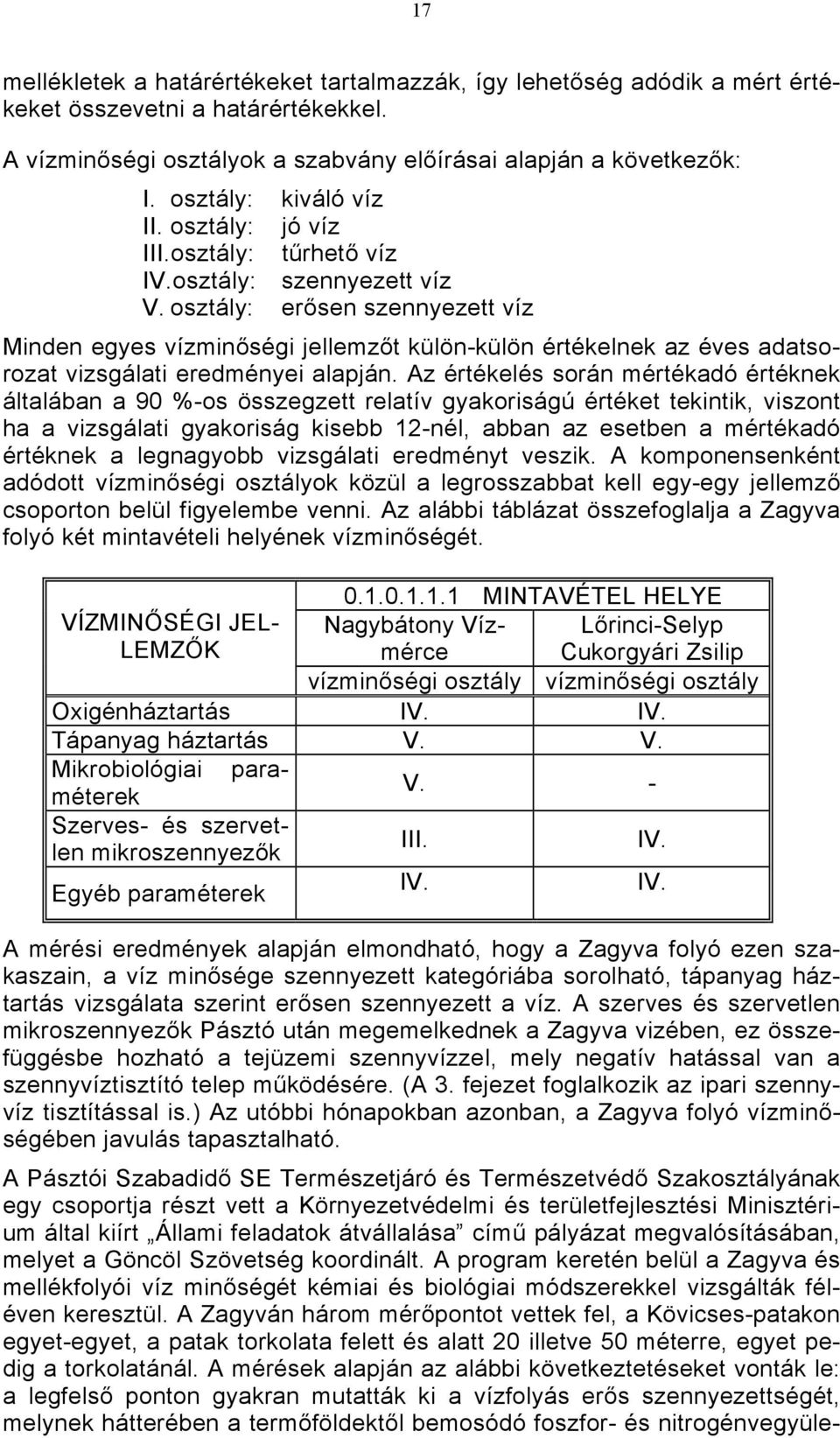 osztály: erősen szennyezett víz Minden egyes vízminőségi jellemzőt külön-külön értékelnek az éves adatsorozat vizsgálati eredményei alapján.