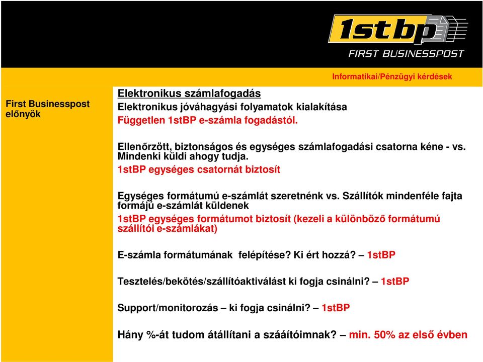 1stBP egységes csatornát biztosít Egységes formátumú e-számlát szeretnénk vs.