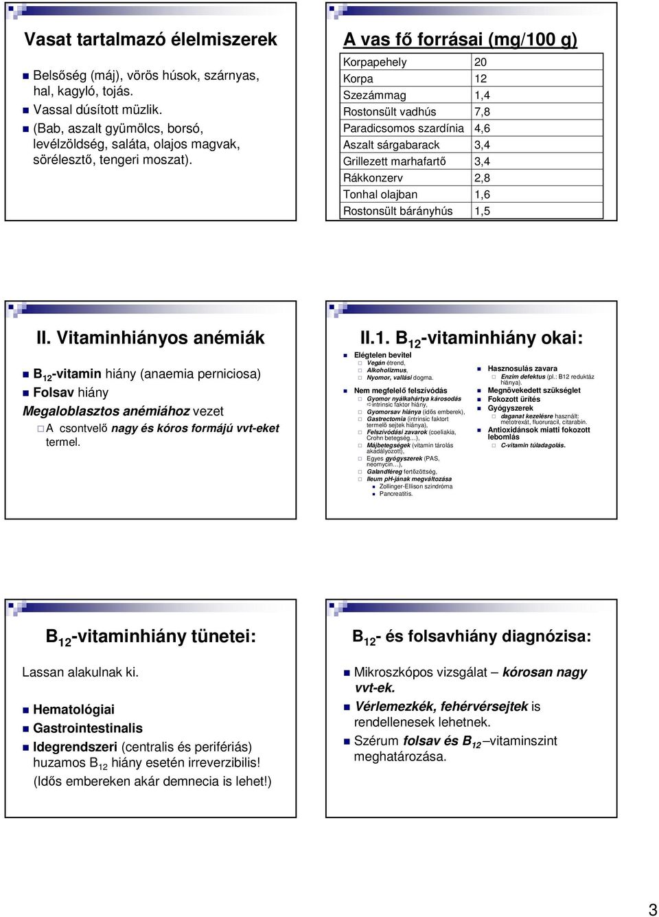 A vas fő forrásai (mg/100 g) Korpapehely 0 Korpa 1 Szezámmag 1,4 Rostonsült vadhús 7,8 Paradicsomos szardínia 4,6 Aszalt sárgabarack 3,4 Grillezett marhafartő 3,4 Rákkonzerv,8 Tonhal olajban 1,6