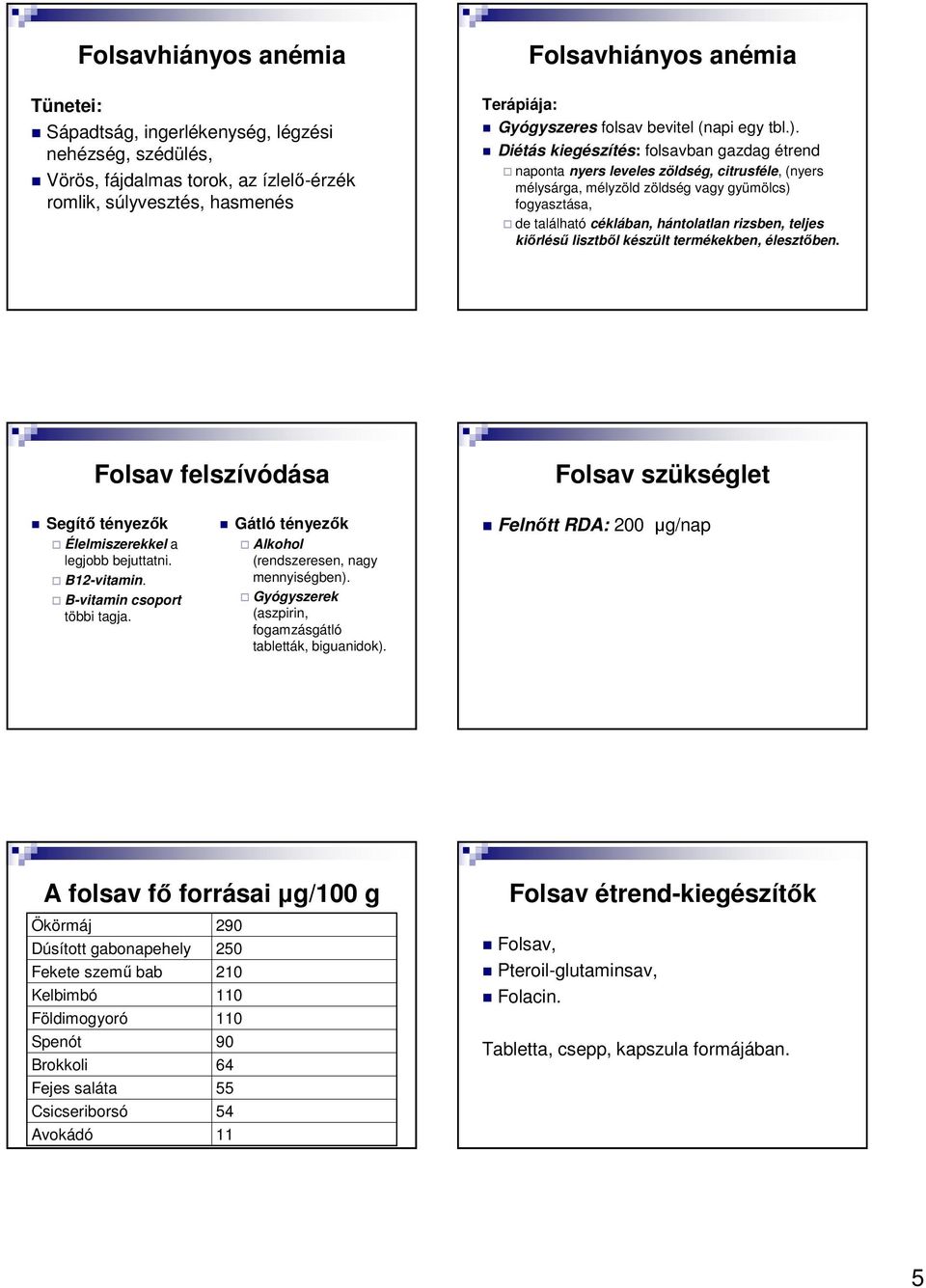 Diétás kiegészítés: folsavban gazdag étrend naponta nyers leveles zöldség, citrusféle, (nyers mélysárga, mélyzöld zöldség vagy gyümölcs) fogyasztása, de található céklában, hántolatlan rizsben,