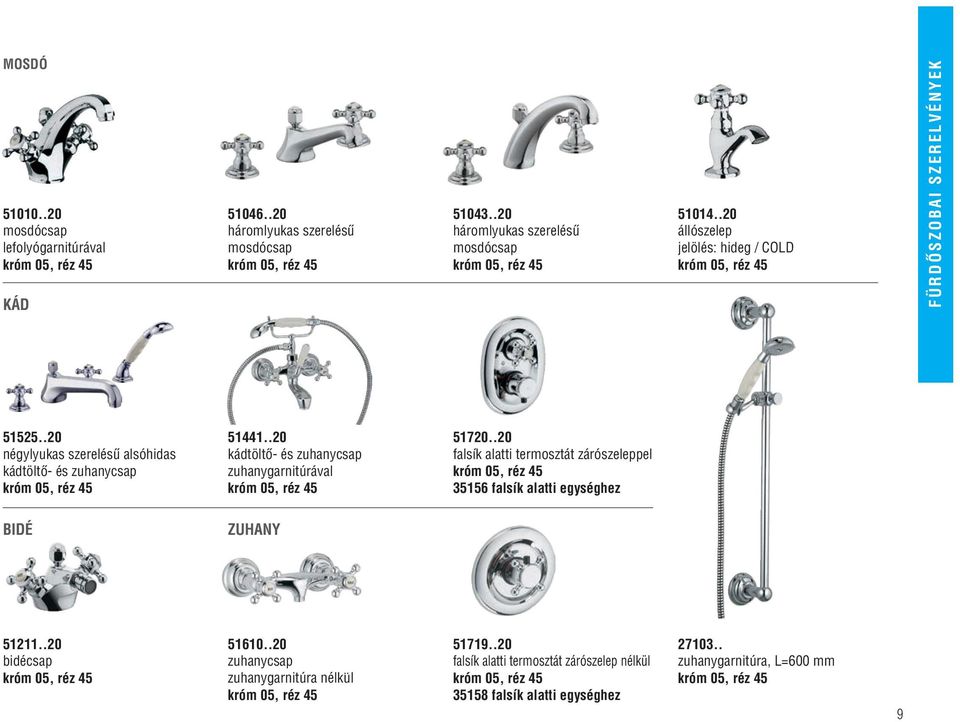 .20 kádtöltô- és zuhanycsap zuhanygarnitúrával króm 05, réz 45 51720..20 falsík alatti termosztát zárószeleppel króm 05, réz 45 35156 falsík alatti egységhez BIDÉ ZUHANY 51211.