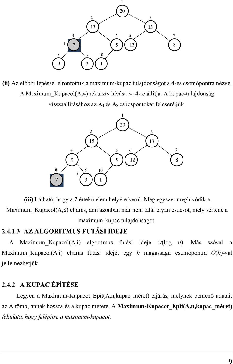 Még egyszer meghívódik a Maximum_Kupacol(A,8) eljárás, ami azonban már nem talál olyan csúcsot, mely sértené a maximum-kupac tulajdonságot. 2.4.