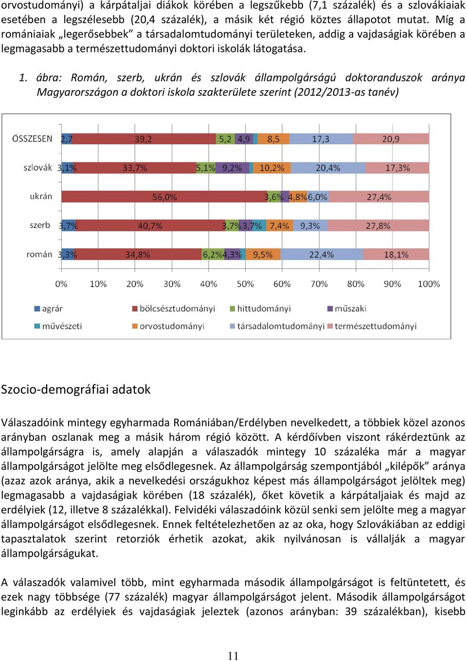 ábra: Román, szerb, ukrán és szlovák állampolgárságú doktoranduszok aránya Magyarországon a doktori iskola szakterülete szerint (2012/2013-as tanév) Szocio-demográfiai adatok Válaszadóink mintegy