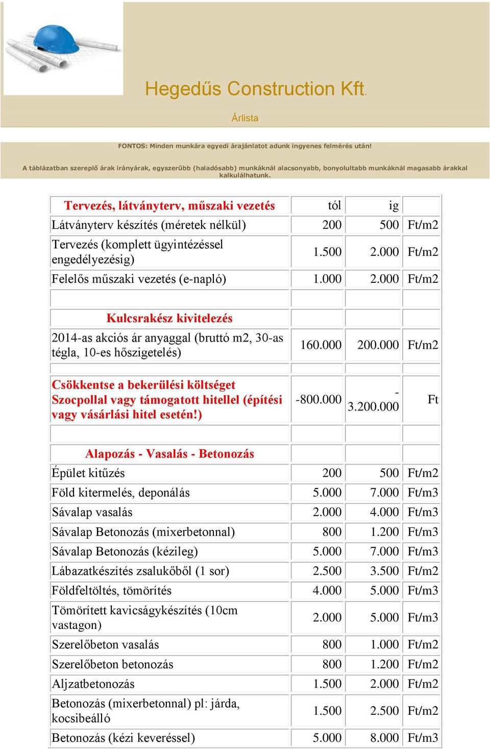 Tervezés, látványterv, műszaki vezetés tól ig Látványterv készítés (méretek nélkül) 200 500 Ft/m2 Tervezés (komplett ügyintézéssel engedélyezésig) 1.500 2.