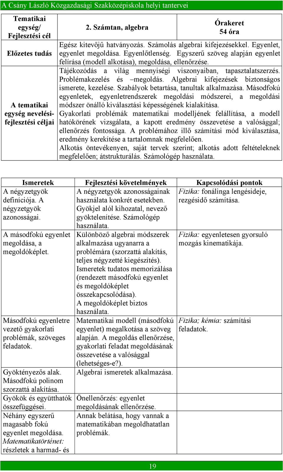 Problémakezelés és megoldás. Algebrai kifejezések biztonságos ismerete, kezelése. Szabályok betartása, tanultak alkalmazása.