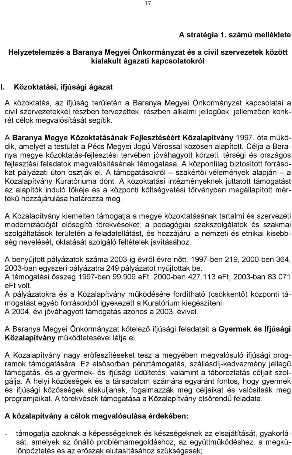 célok megvalósítását segítik. A Baranya Megye Közoktatásának Fejlesztéséért Közalapítvány 1997. óta működik, amelyet a testület a Pécs Megyei Jogú Várossal közösen alapított.