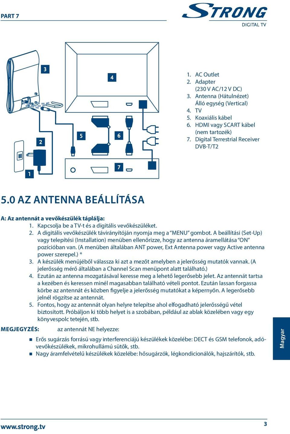 A digitális vevőkészülék távirányítóján nyomja meg a MENU gombot. A beállítási (Set-Up) vagy telepítési (Installation) menüben ellenőrizze, hogy az antenna áramellátása ON pozícióban van.