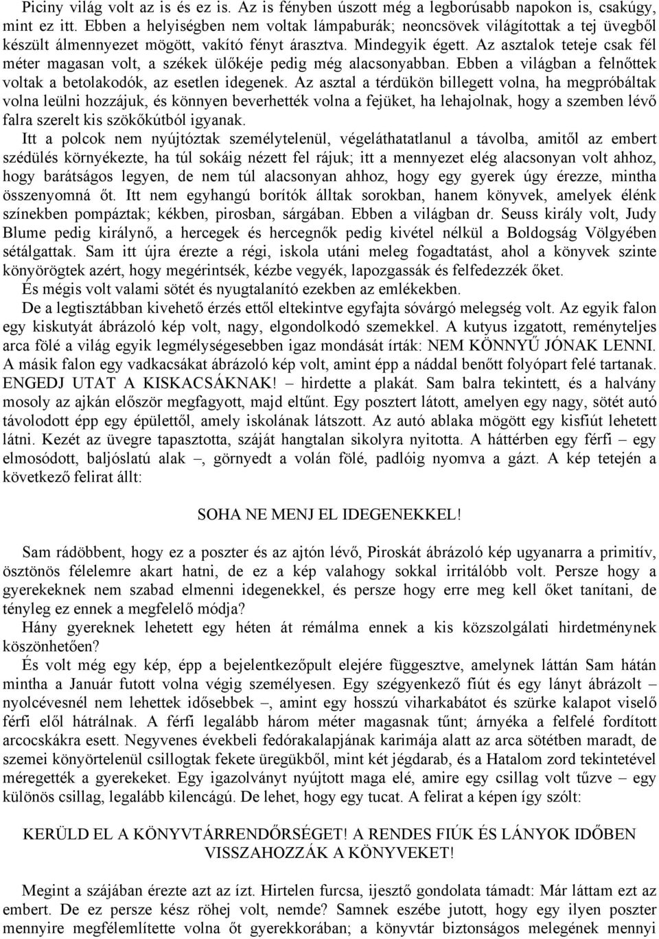 Az asztalok teteje csak fél méter magasan volt, a székek ülőkéje pedig még alacsonyabban. Ebben a világban a felnőttek voltak a betolakodók, az esetlen idegenek.