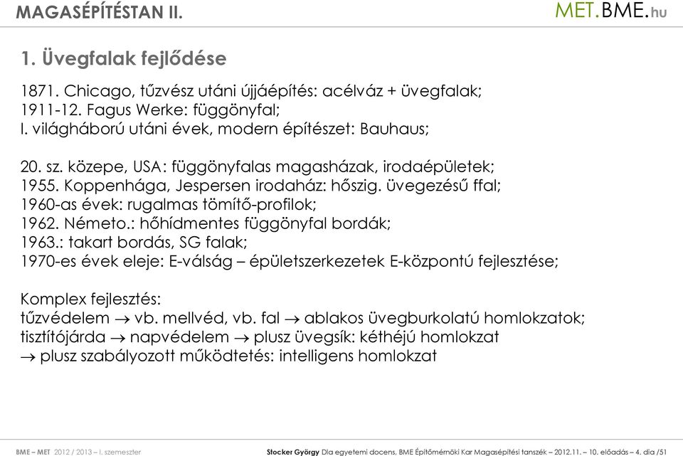 : hőhídmentes függönyfal bordák; 1963.: takart bordás, SG falak; 1970-es évek eleje: E-válság épületszerkezetek E-központú fejlesztése; Komplex fejlesztés: tűzvédelem vb. mellvéd, vb.