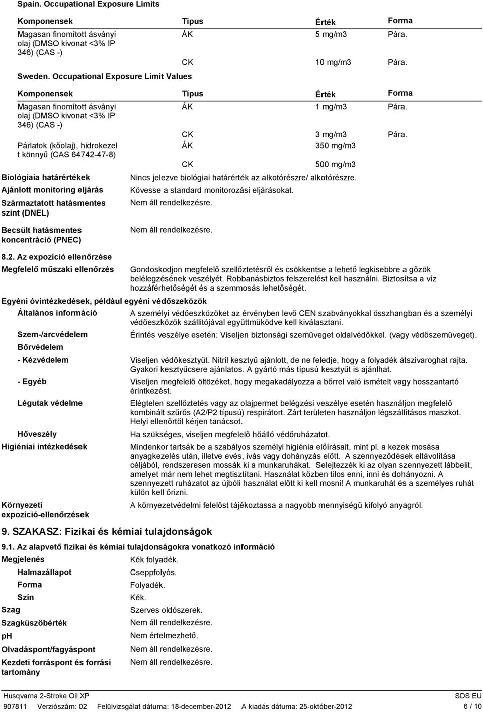 350 mg/m3 CK 500 mg/m3 Nincs jelezve biológiai határérték az alkotórészre/ alkotórészre. Kövesse a standard monitorozási eljárásokat. 8.2.