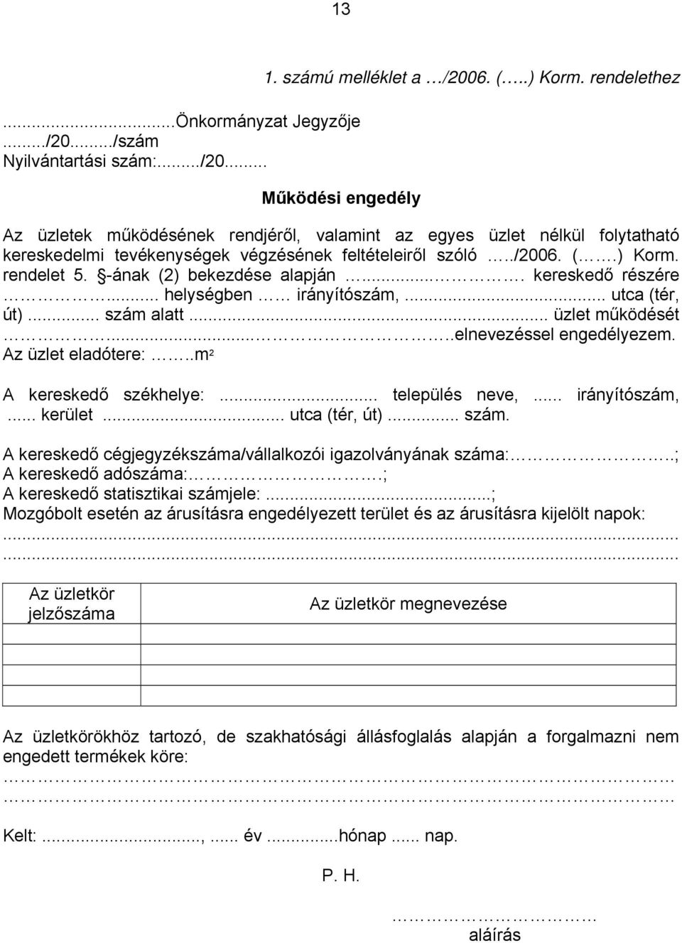 -ának (2) bekezdése alapján.... kereskedő részére... helységben irányítószám,... utca (tér, út)... szám alatt... üzlet működését.....elnevezéssel engedélyezem. Az üzlet eladótere:.