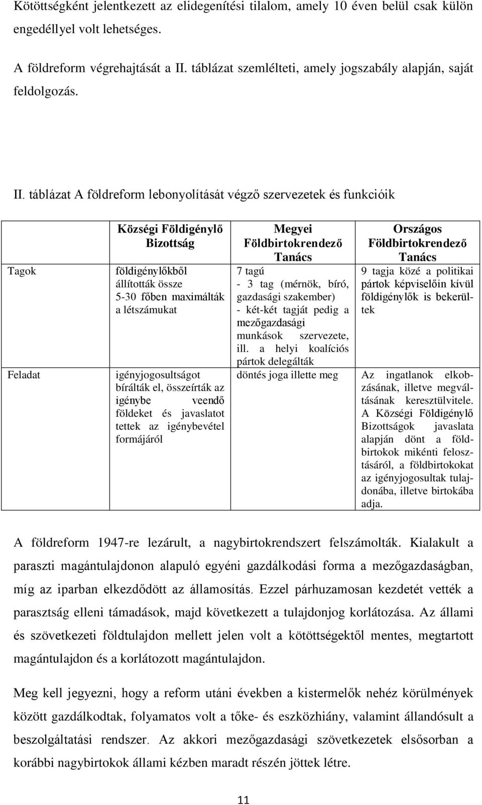 táblázat A földreform lebonyolítását végző szervezetek és funkcióik Tagok Feladat Községi Földigénylő Bizottság földigénylőkből állították össze 5-30 főben maximálták a létszámukat igényjogosultságot