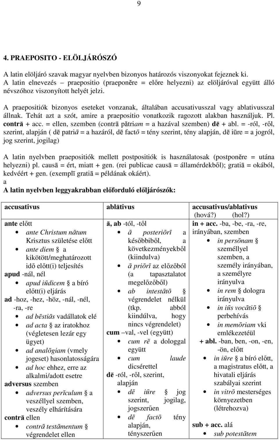 A praepositiók bizonyos eseteket vonzanak, általában accusativusszal vagy ablativusszal állnak. Tehát azt a szót, amire a praepositio vonatkozik ragozott alakban használjuk. Pl. contrā + acc.