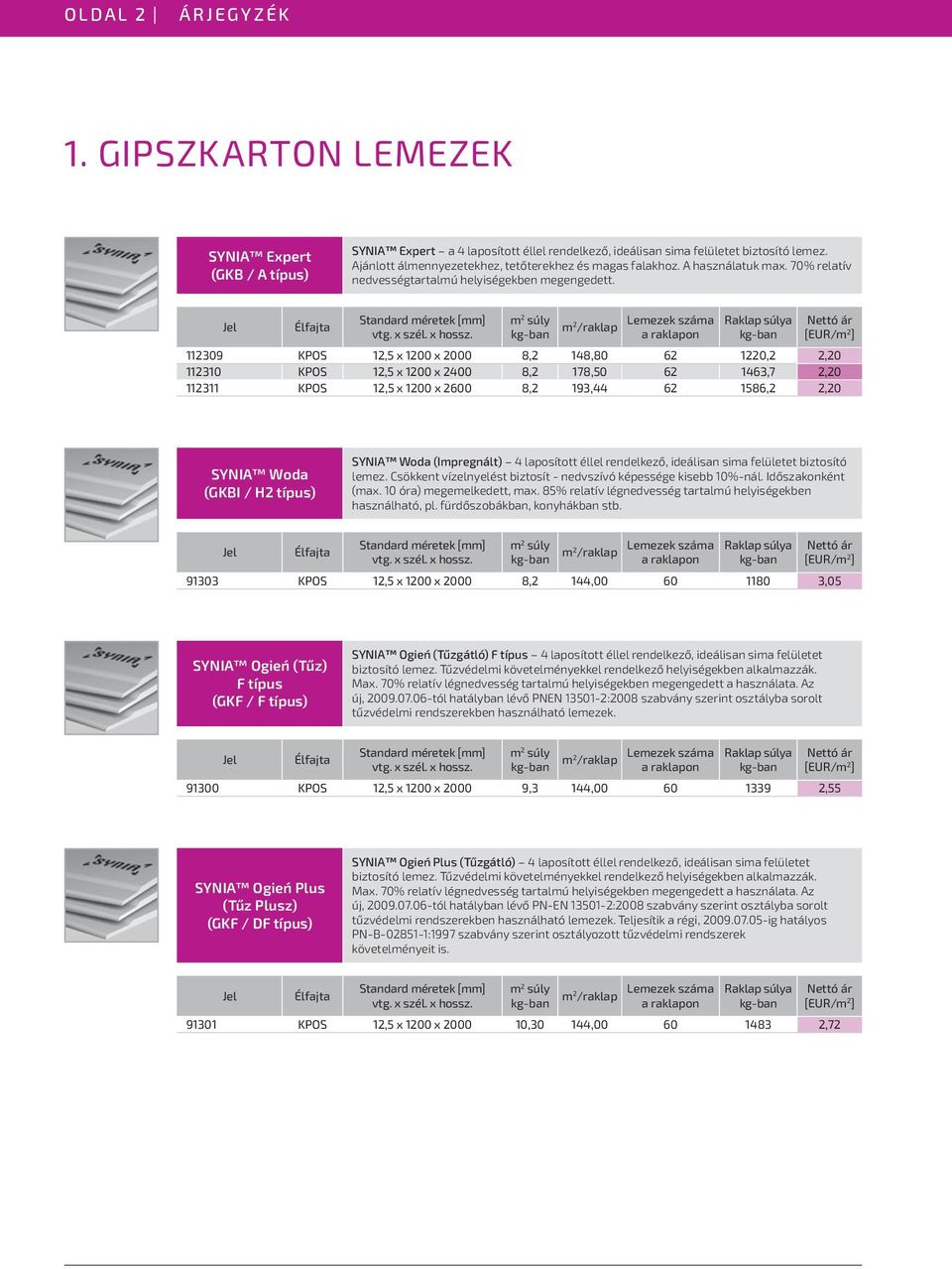 Élfajta méretek m 2 súly m2 /raklap 112309 KPOS 12,5 x 1200 x 2000 8,2 148,80 62 1220,2 2,20 112310 KPOS 12,5 x 1200 x 2400 8,2 178,50 62 1463,7 2,20 112311 KPOS 12,5 x 1200 x 2600 8,2 193,44 62