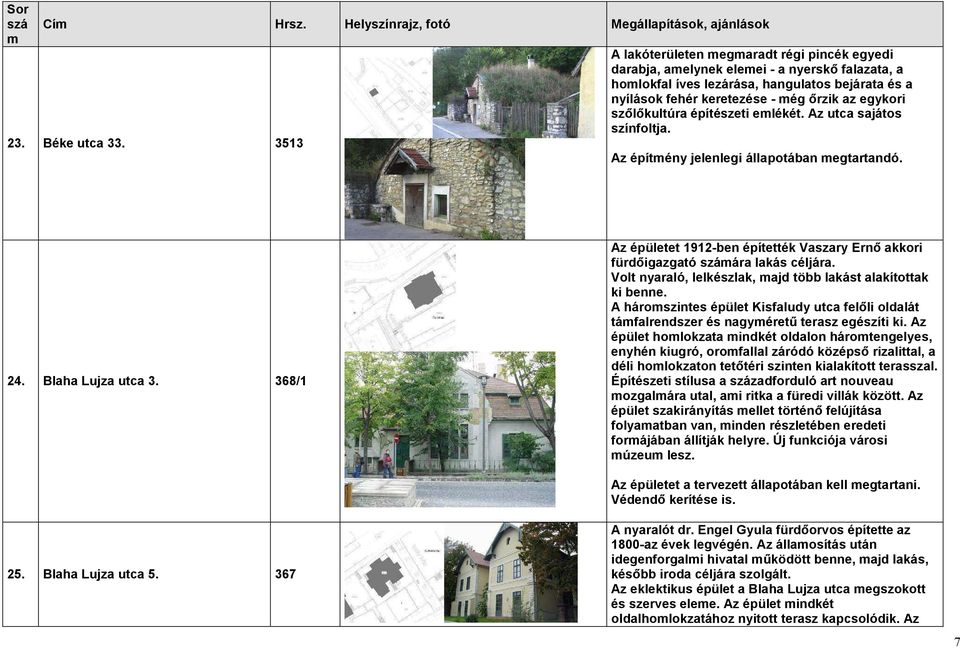 szőlőkultúra építészeti elékét. Az utca sajátos színfoltja. Az építény jelenlegi állapotában egtartandó. 24. Blaha Lujza utca 3.