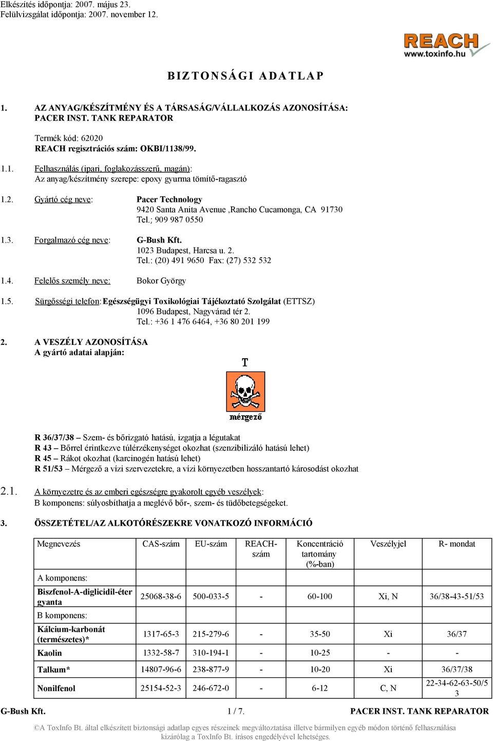 4. Felelős személy neve: Bokor György 1.5. Sürgősségi telefon:egészségügyi Toxikológiai Tájékoztató Szolgálat (ETTSZ) 1096 Budapest, Nagyvárad tér 2. Tel.: +36 1 476 6464, +36 80 201 199 2.