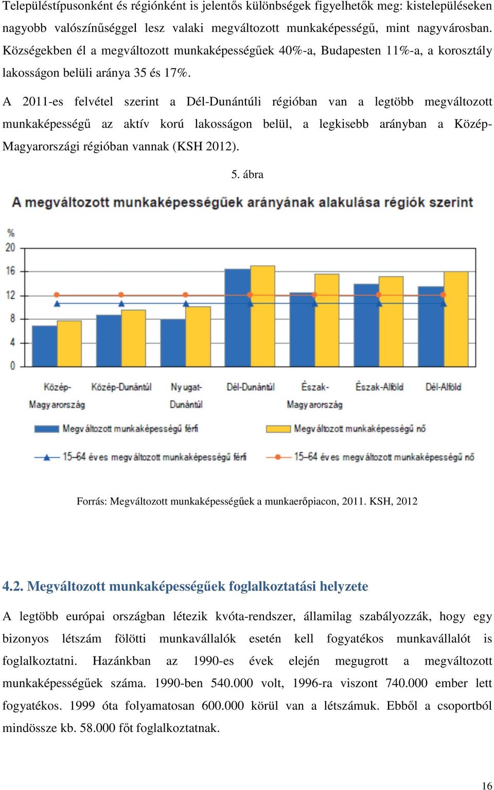 A 2011-es felvétel szerint a Dél-Dunántúli régióban van a legtöbb megváltozott munkaképességű az aktív korú lakosságon belül, a legkisebb arányban a Közép- Magyarországi régióban vannak (KSH 2012). 5.