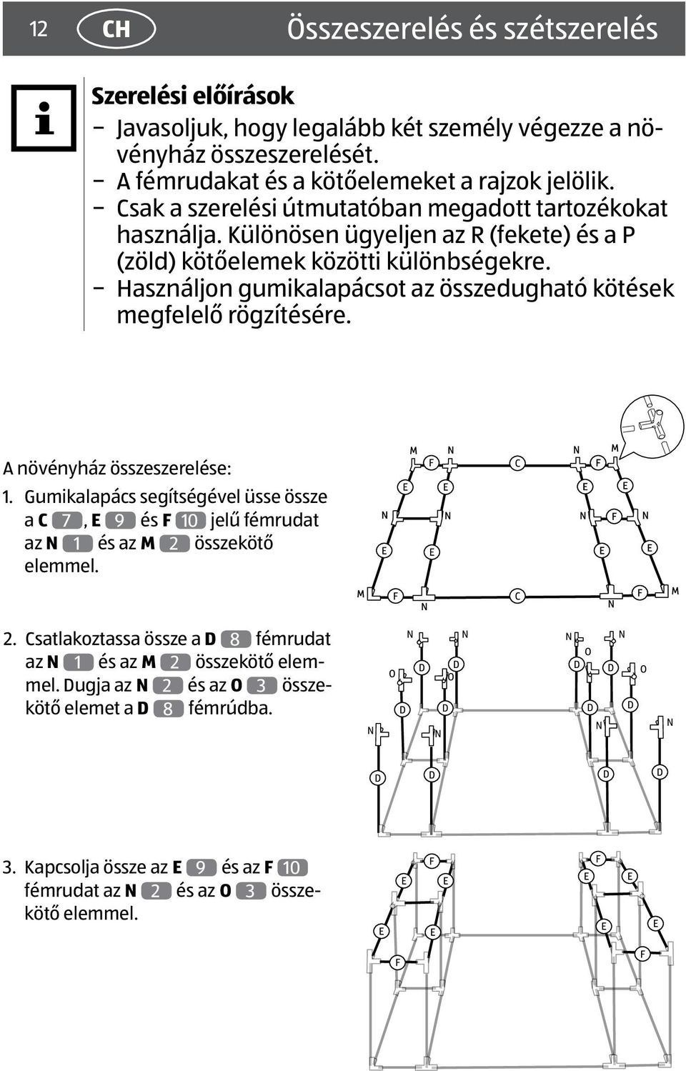 Használjon gumikalapácsot az összedugható kötések megfelelő rögzítésére. A növényház összeszerelése: 1.