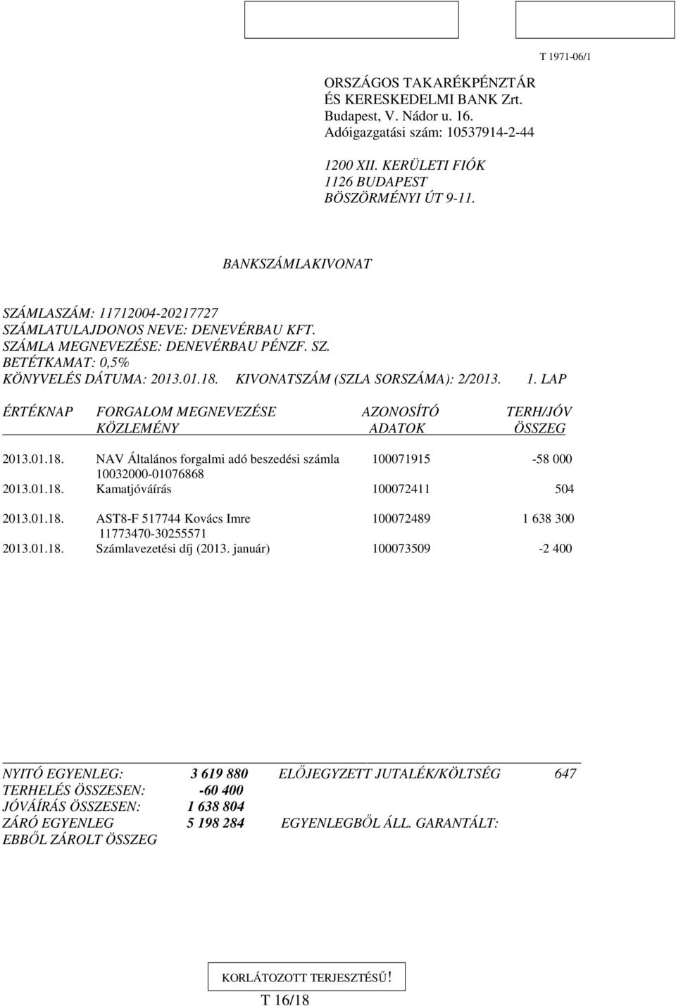 KIVONATSZÁM (SZLA SORSZÁMA): 2/2013. 1. LAP ÉRTÉKNAP FORGALOM MEGNEVEZÉSE AZONOSÍTÓ TERH/JÓV KÖZLEMÉNY ADATOK ÖSSZEG 2013.01.18.