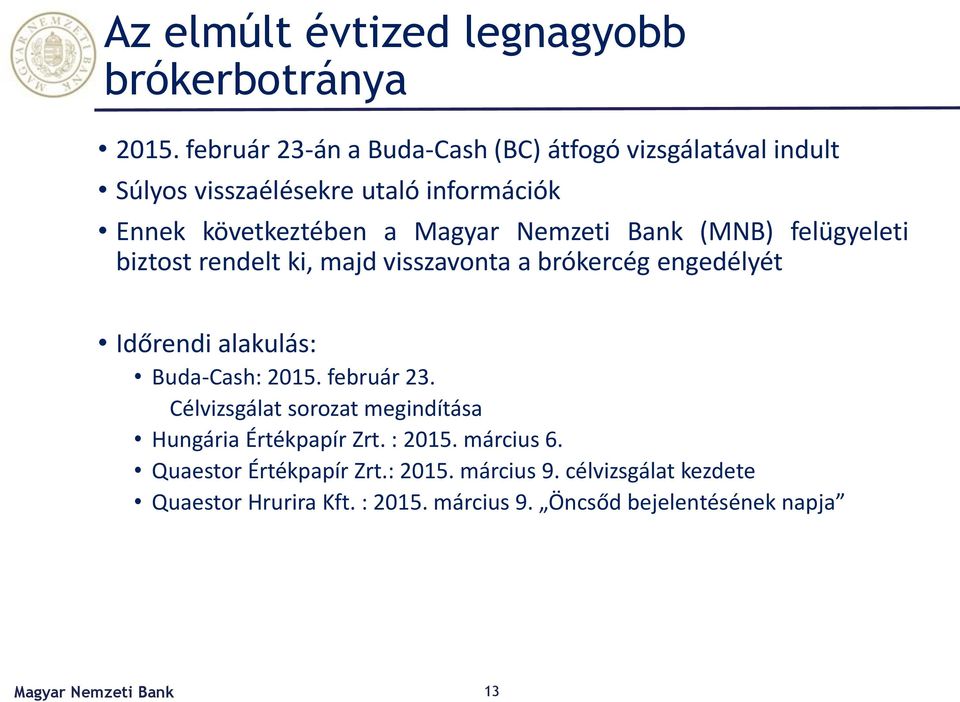 felügyeleti biztost rendelt ki, majd visszavonta a brókercég engedélyét Időrendi alakulás: Buda-Cash: 2015. február 23.