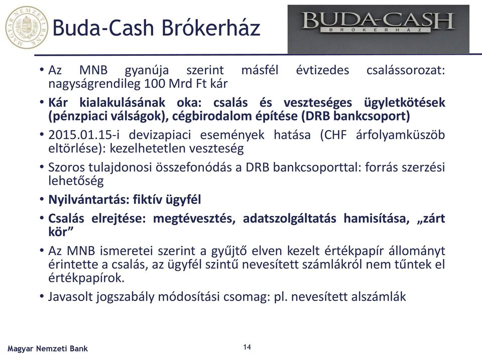 .01.15-i devizapiaci események hatása (CHF árfolyamküszöb eltörlése): kezelhetetlen veszteség Szoros tulajdonosi összefonódás a DRB bankcsoporttal: forrás szerzési lehetőség