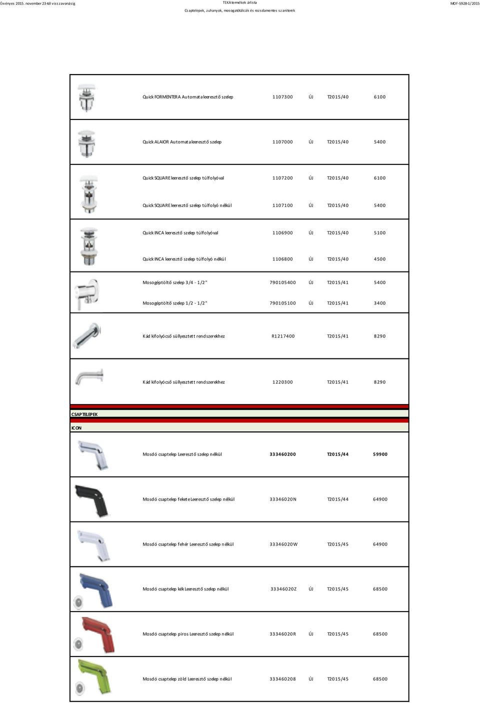 Mosogéptöltő szelep 3/4-1/2" 790105400 T2015/41 5400 Mosogéptöltő szelep 1/2-1/2" 790105100 T2015/41 3400 Kád kifolyócső süllyesztett rendszerekhez R1217400 T2015/41 8290 Kád kifolyócső süllyesztett