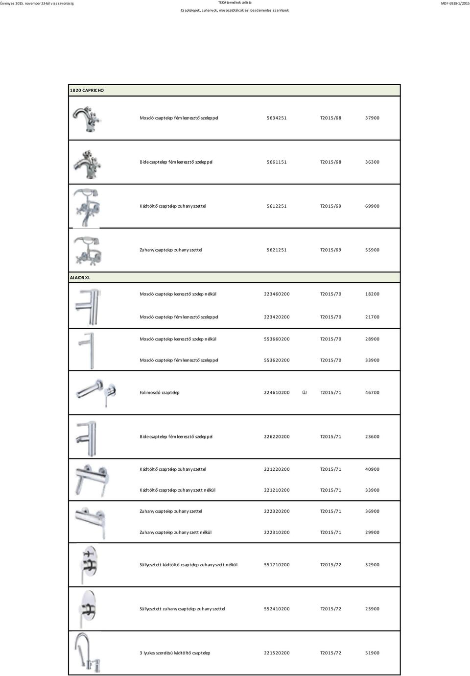 Mosdó csaptelep leeresztő szelep nélkül 553660200 T2015/70 28900 Mosdó csaptelep fém leeresztő szeleppel 553620200 T2015/70 33900 Fali mosdó csaptelep 224610200 T2015/71 46700 Bide csaptelep fém