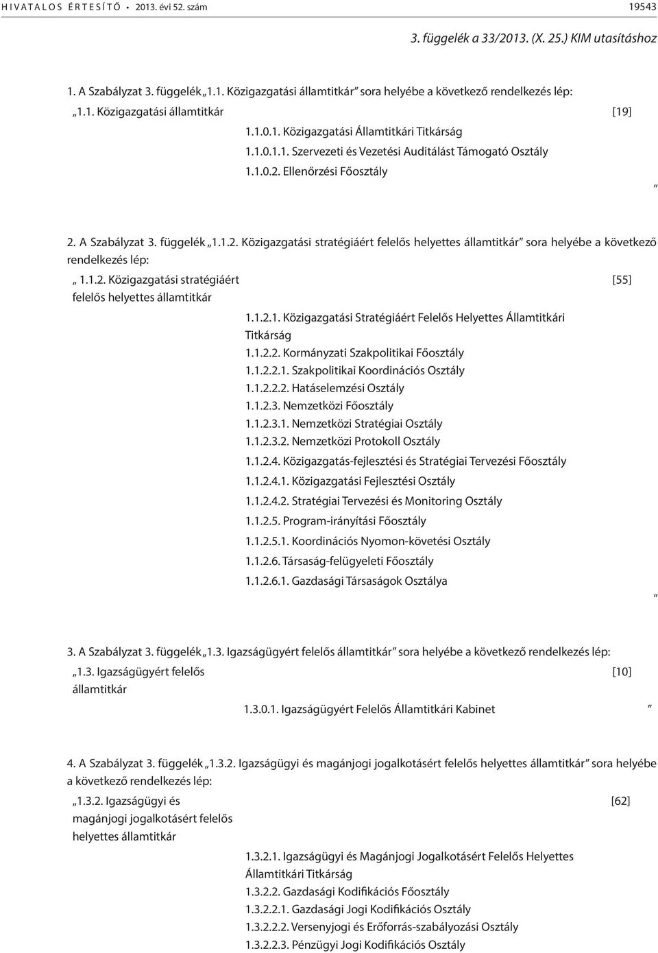 Ellenőrzési 2. A Szabályzat 3. függelék 1.1.2. Közigazgatási stratégiáért felelős helyettes államtitkár sora helyébe a következő rendelkezés lép: 1.1.2. Közigazgatási stratégiáért felelős helyettes államtitkár 1.