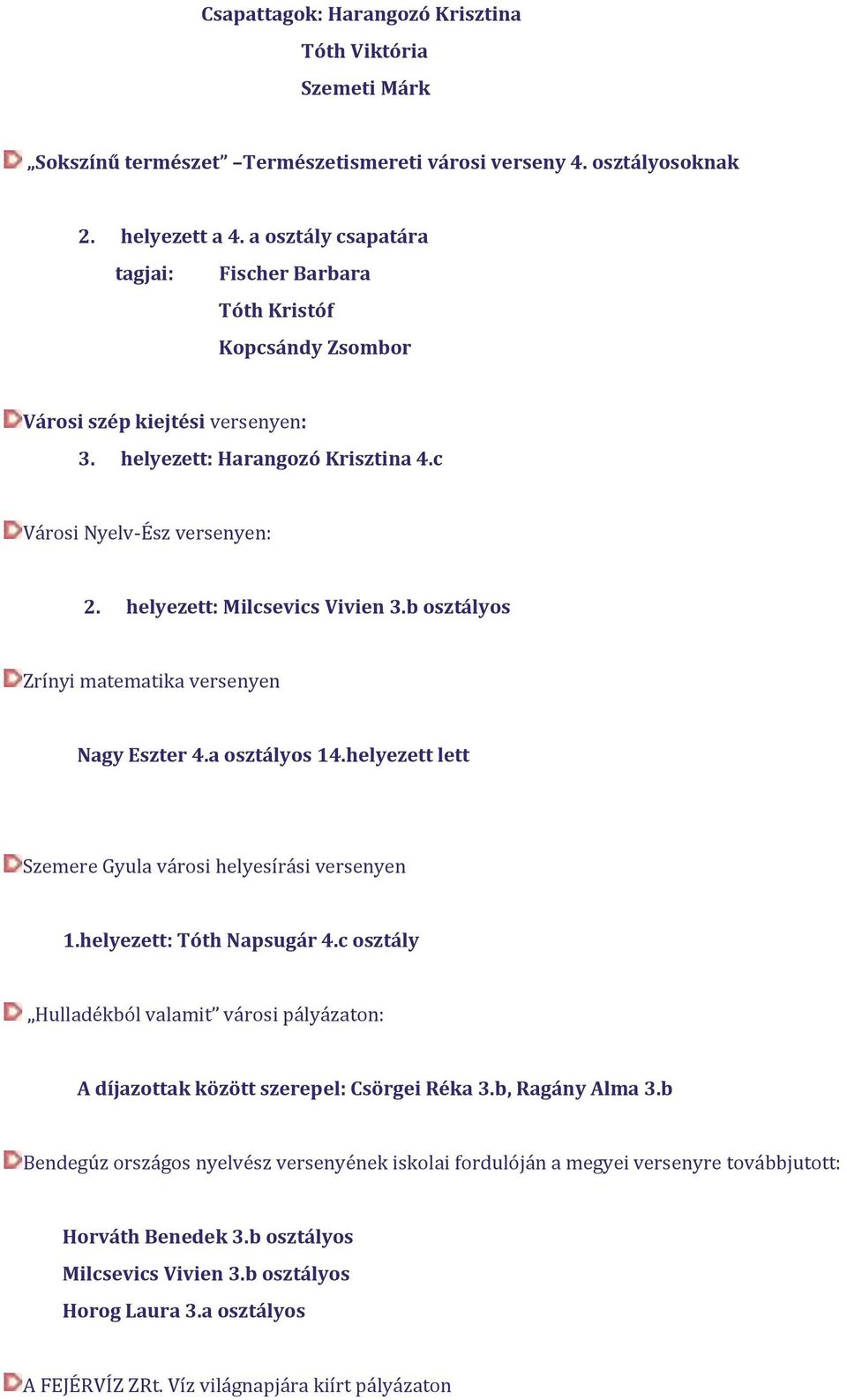 helyezett: Milcsevics Vivien 3.b osztályos Zrínyi matematika versenyen Nagy Eszter 4.a osztályos 14.helyezett lett Szemere Gyula városi helyesírási versenyen 1.helyezett: Tóth Napsugár 4.