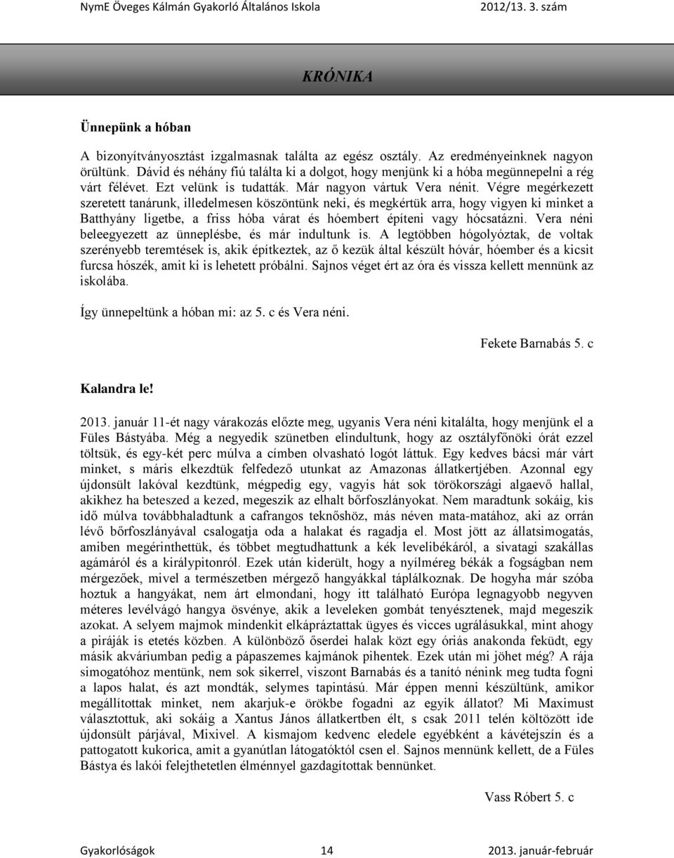 Végre megérkezett szeretett tanárunk, illedelmesen köszöntünk neki, és megkértük arra, hogy vigyen ki minket a Batthyány ligetbe, a friss hóba várat és hóembert építeni vagy hócsatázni.