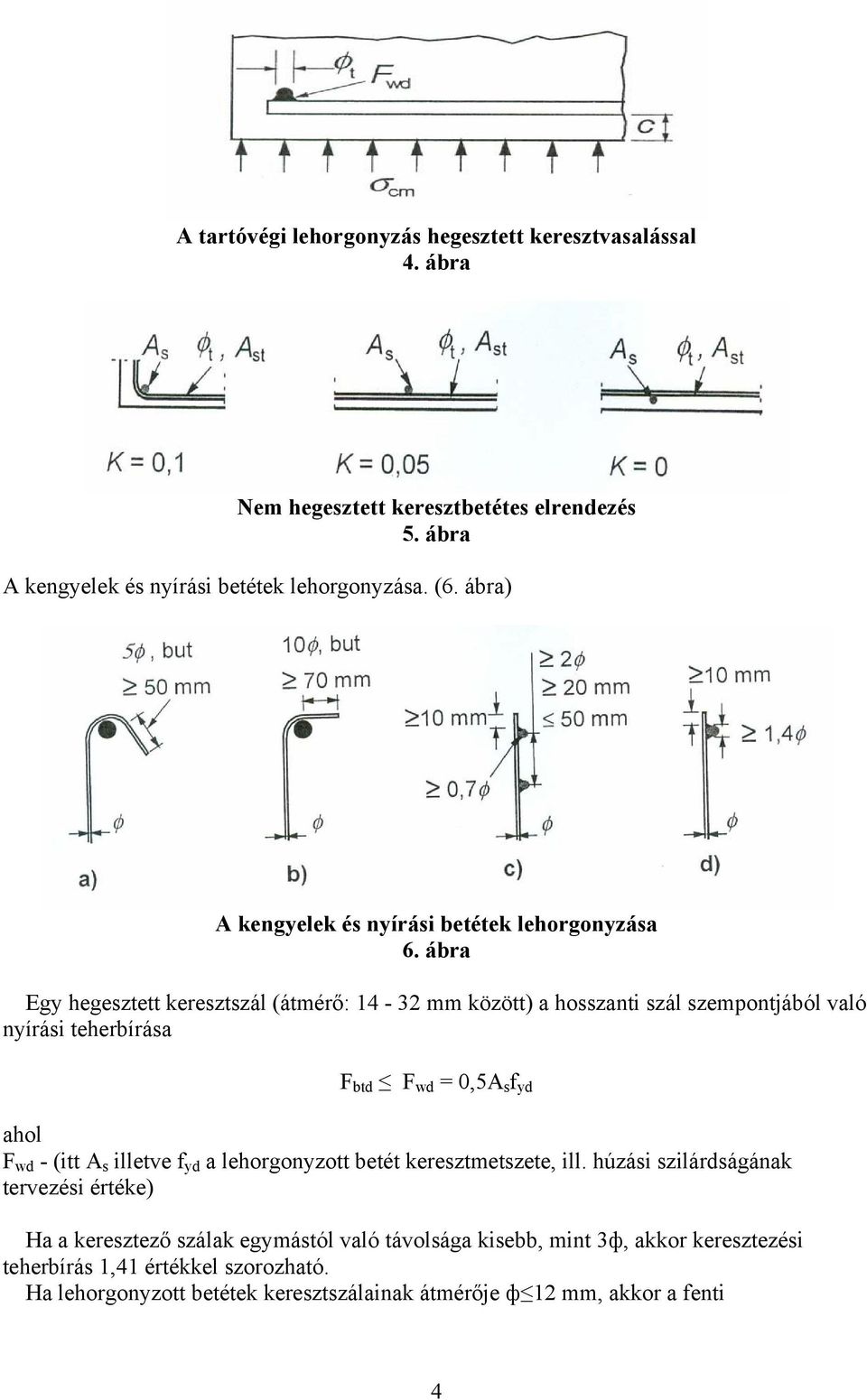 ábra Egy hegesztett keresztszál (átmérő: 14-32 mm között) a hosszanti szál szempontjából való nyírási teherbírása F btd F wd = 0,5A s f yd ahol F wd - (itt A s