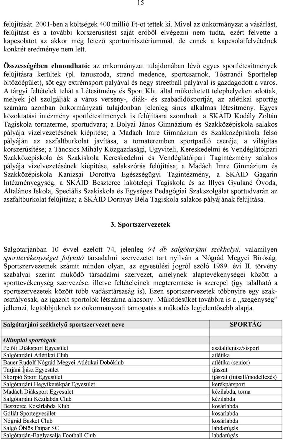 kapcsolatfelvételnek konkrét eredménye nem lett. Összességében elmondható: az önkormányzat tulajdonában lévő egyes sportlétesítmények felújításra kerültek (pl.