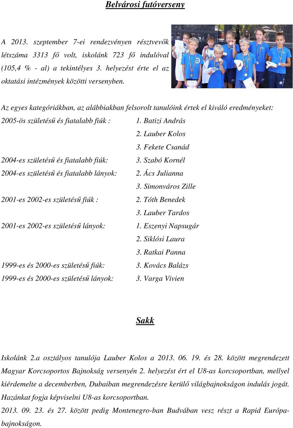 Batizi András 2. Lauber Kolos 3. Fekete Csanád 2004-es születésű és fiatalabb fiúk: 3. Szabó Kornél 2004-es születésű és fiatalabb lányok: 2. Ács Julianna 3.