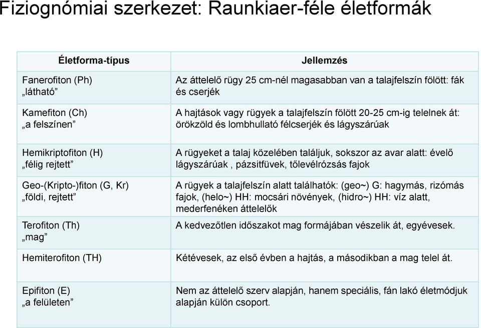 rejtett Terofiton (Th) mag Hemiterofiton (TH) A rügyeket a talaj közelében találjuk, sokszor az avar alatt: évelő lágyszárúak, pázsitfüvek, tőlevélrózsás fajok A rügyek a talajfelszín alatt