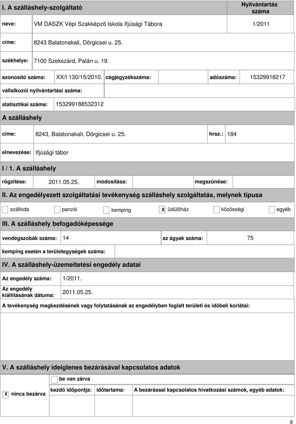 : 184 Ifjúsági tábor I / 1. rögzítése: 2011.05.25. módosítása: megszûnése: II.