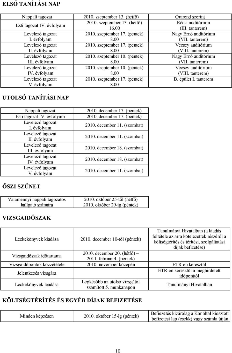 tanterem) Levelező tagozat III. évfolyam 2010. szeptember 10. (péntek) 8.00 Nagy Ernő auditórium (VII. tanterem) Levelező tagozat IV. évfolyam 2010. szeptember 10. (péntek) 8.00 Vécsey auditórium (VIII.