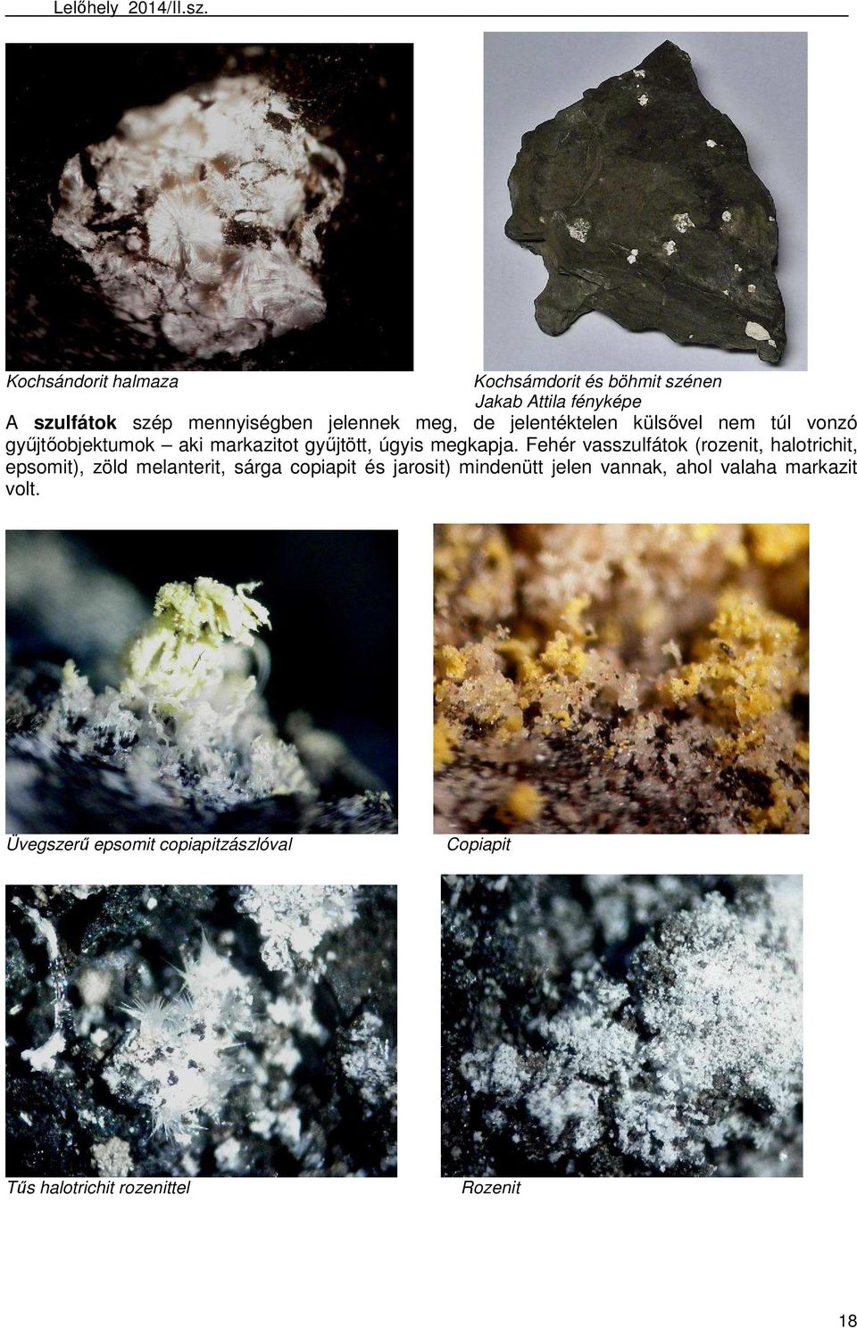 Fehér vasszulfátok (rozenit, halotrichit, epsomit), zöld melanterit, sárga copiapit és jarosit) mindenütt
