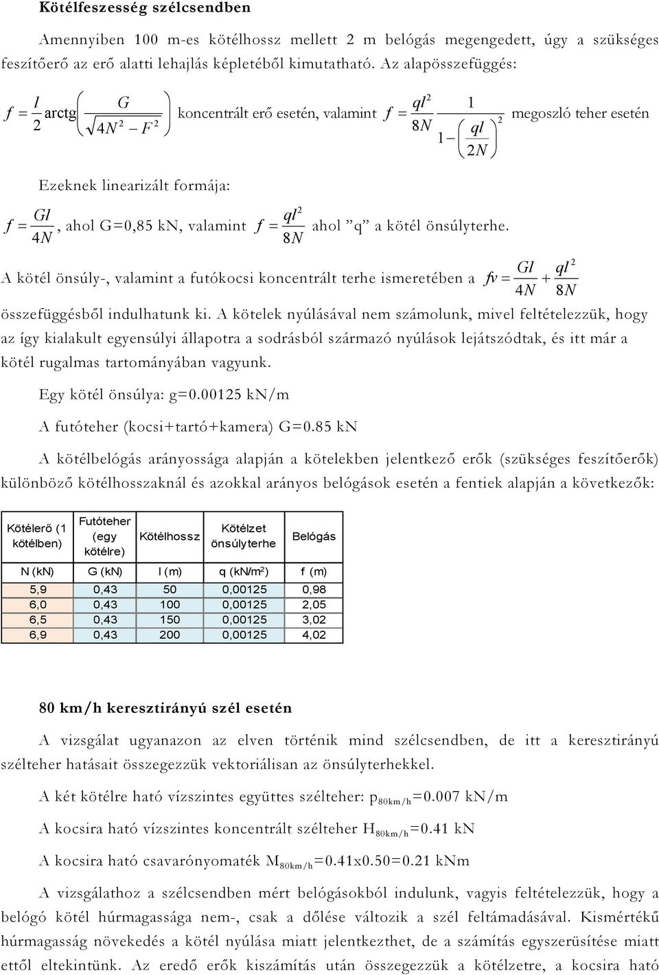 ahol q a kötél önsúlyterhe. 8N A kötél önsúly-, valamint a futókocsi koncentrált terhe ismeretében a 2 Gl ql fv= + 4N 8N összefüggésbıl indulhatunk ki.