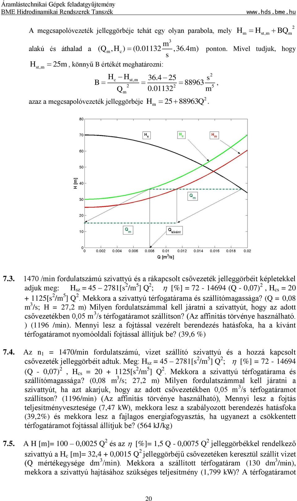 . 70 /min fordulatszámú szivattyú és a rákapcsolt csővezeték jelleggörbéit képletekkel adjuk meg: H sz = 5 78[s /m 5 ] Q ; [%] = 7-69 (Q - 0,07), H cs = 0 + 5[s /m 5 ] Q.