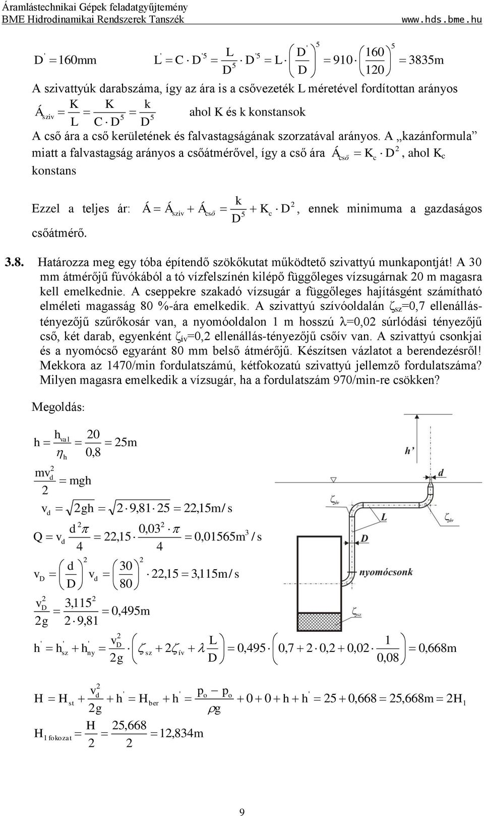 Á Á sziv Á cső k D K D 5 c, ennek minimuma a gazdaságos.8. Határozza meg egy tóba építendő szökőkutat működtető szivattyú munkapontját!