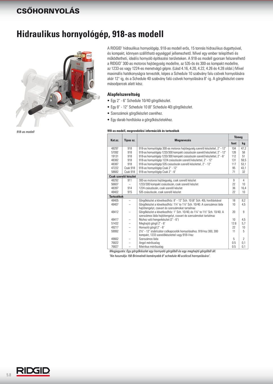 A 918-as modell gyorsan felszerelhető a RIDGID 300-as motoros hajtóegység modellre, az 535-ös és 300-as kompakt modellre, az 1233-as vagy 1224-es menetvágó gépre. (Lásd 4.16, 4.20, 4.22, 4.26 és 4.