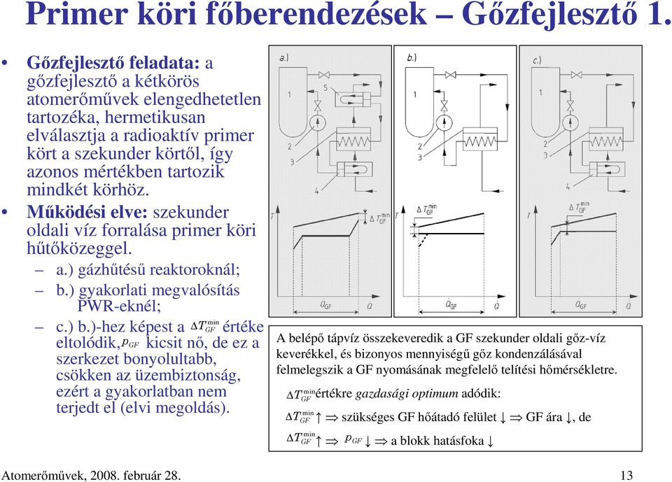 körhöz. Mőködési elve: szekunder oldali víz forralása primer köri hőtıközeggel. a.) gázhőtéső reaktoroknál; b.) gyakorlati megvalósítás PWR-eknél; c.) b.