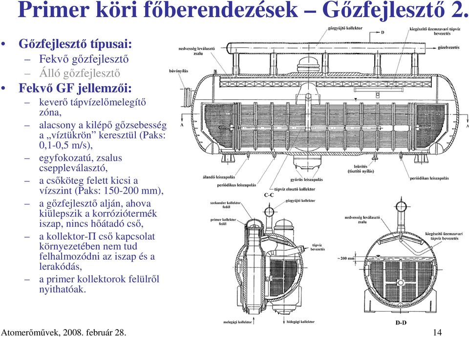 víztükrön keresztül (Paks: 0,1-0,5 m/s), egyfokozatú, zsalus cseppleválasztó, a csıköteg felett kicsi a vízszint (Paks: 150-200 mm), a