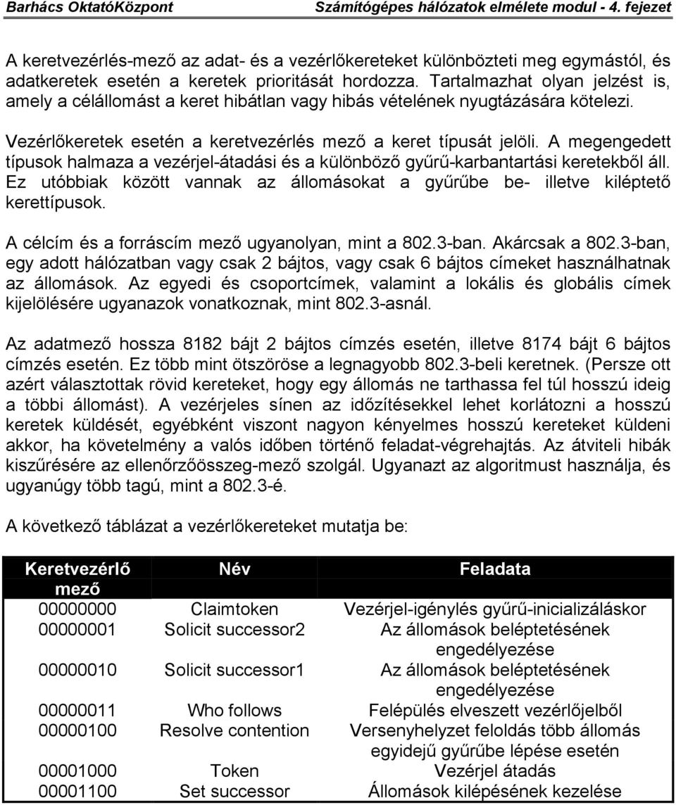 A megengedett típusok halmaza a vezérjel-átadási és a különböző gyűrű-karbantartási keretekből áll. Ez utóbbiak között vannak az állomásokat a gyűrűbe be- illetve kiléptető kerettípusok.