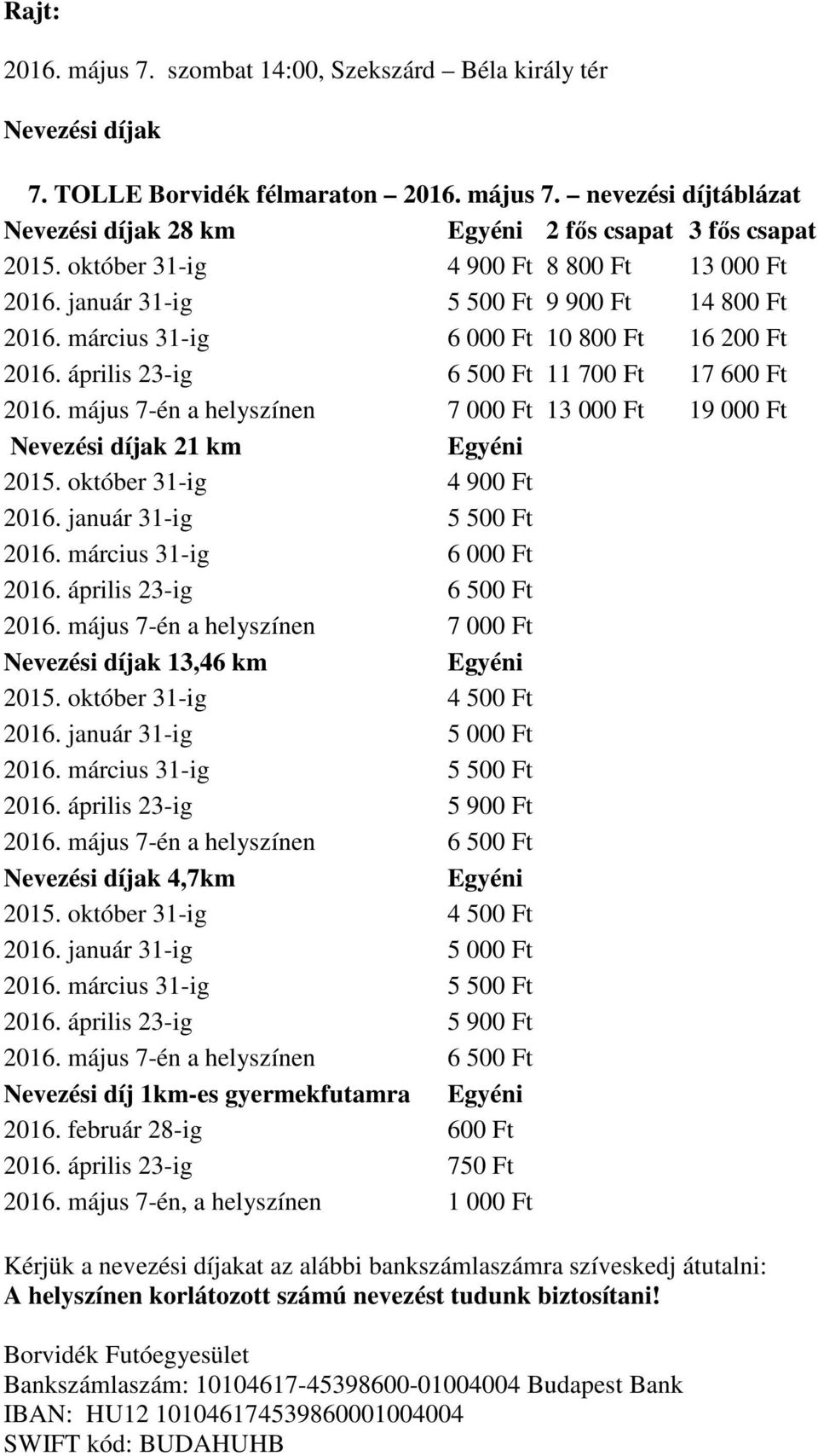 május 7-én a helyszínen 7 000 Ft 13 000 Ft 19 000 Ft Nevezési díjak 21 km Egyéni 2015. október 31-ig 4 900 Ft 2016. január 31-ig 5 500 Ft 2016. március 31-ig 6 000 Ft 2016.