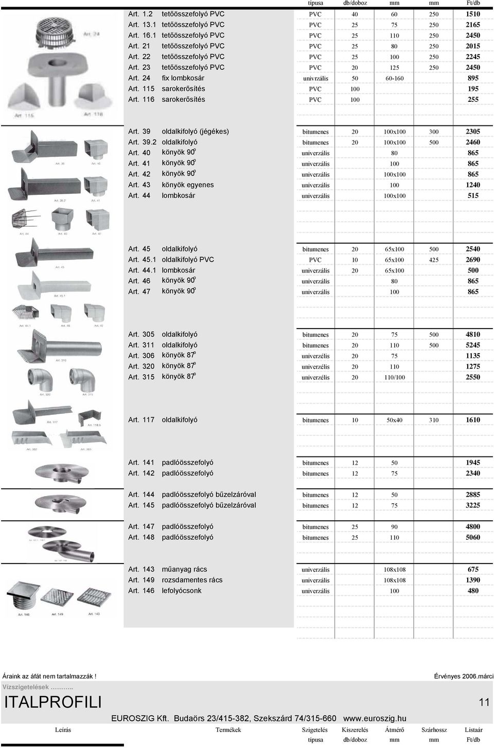 115 sarokerősítés PVC 100 195 Art. 116 sarokerősítés PVC 100 255 Art. 39 oldalkifolyó (jégékes) bitumenes 20 100x100 300 2305 Art. 39.2 oldalkifolyó bitumenes 20 100x100 500 2460 Art.