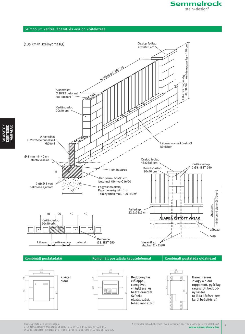 ajánlott x0 cm 50 0 0 0 Alap sz/m= 50x betonnal kiöntve C16/ Fagybiztos altalaj Fagymélység min 1 m Talajnyomás max 1 kn/m 2 Falfedlap 22,5xx5 cm Oszlop fedlap 8xx5 cm x0 cm ALAPBA ÖNTÖTT VASAK