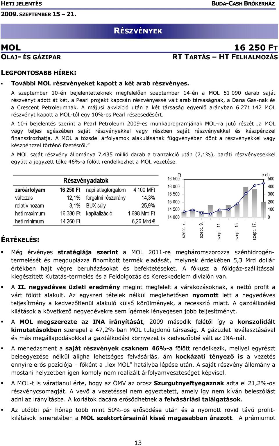 Crescent Petroleumnak. A májusi akvizíció után a két társaság egyenlő arányban 6 271 142 MOL részvényt kapott a MOL-tól egy 10%-os Pearl részesedésért.