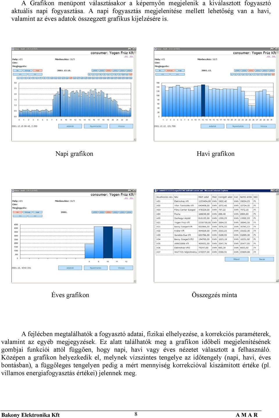 Napi grafikon Havi grafikon Éves grafikon Összegzés minta A fejlécben megtalálhatók a fogyasztó adatai, fizikai elhelyezése, a korrekciós paraméterek, valamint az egyéb megjegyzések.